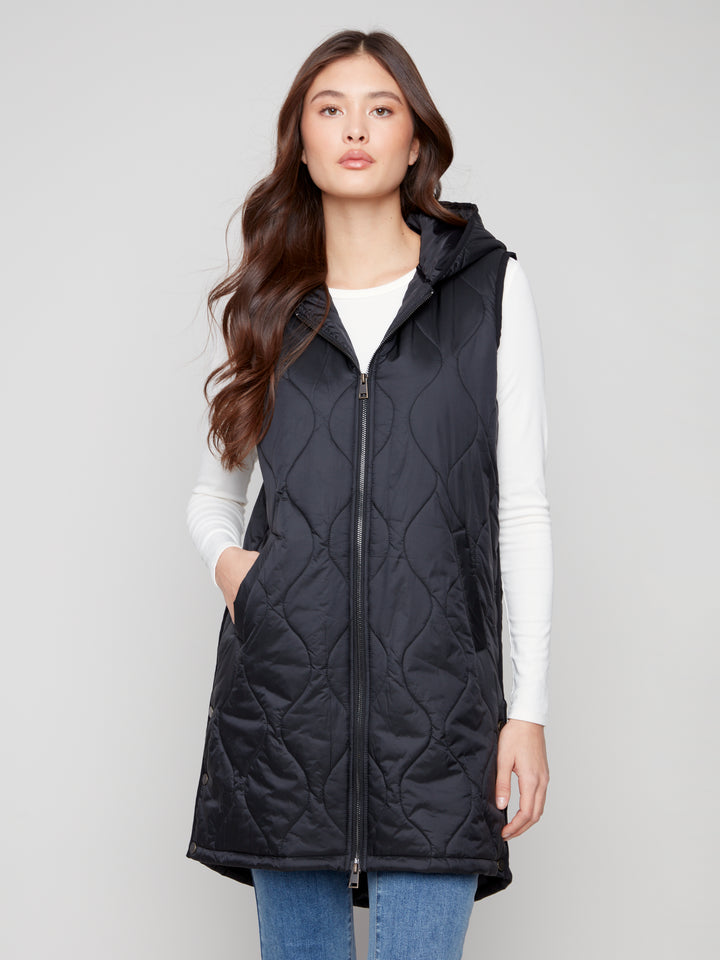 Black Pearlized Puffer Long Vest