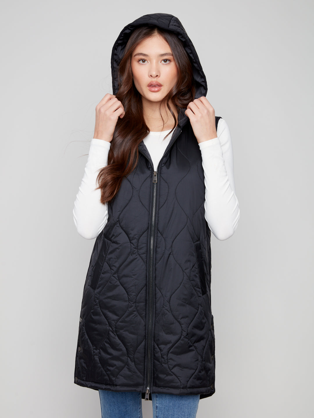 Black Pearlized Puffer Long Vest