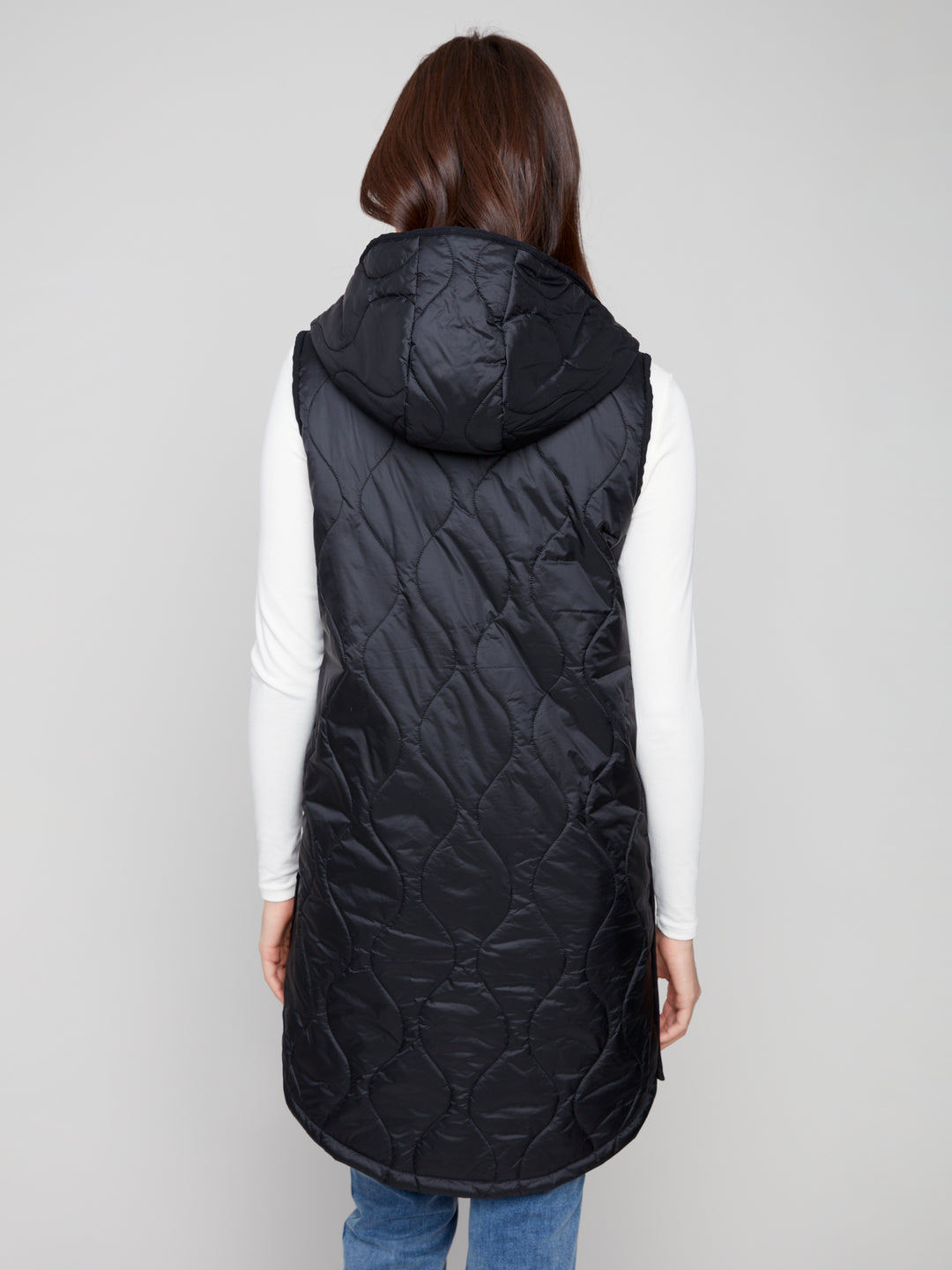 Black Pearlized Puffer Long Vest