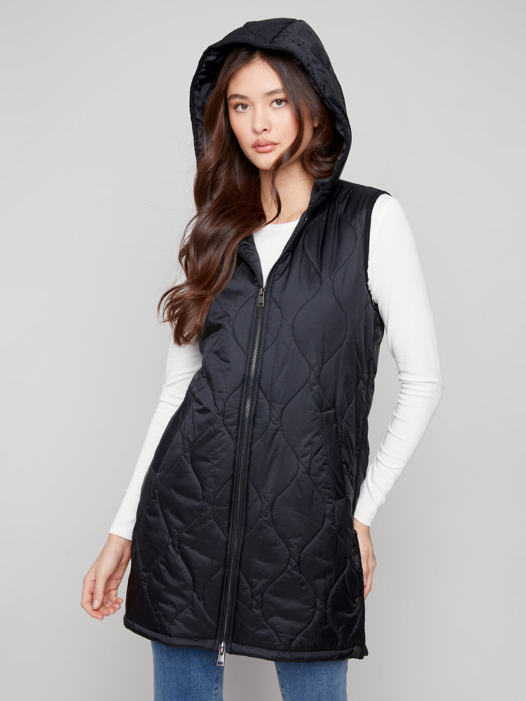 Black Pearlized Puffer Long Vest