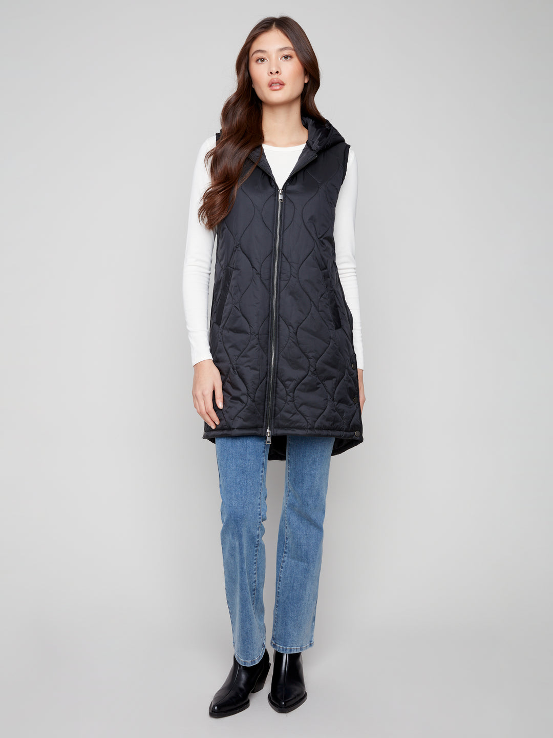 Black Pearlized Puffer Long Vest