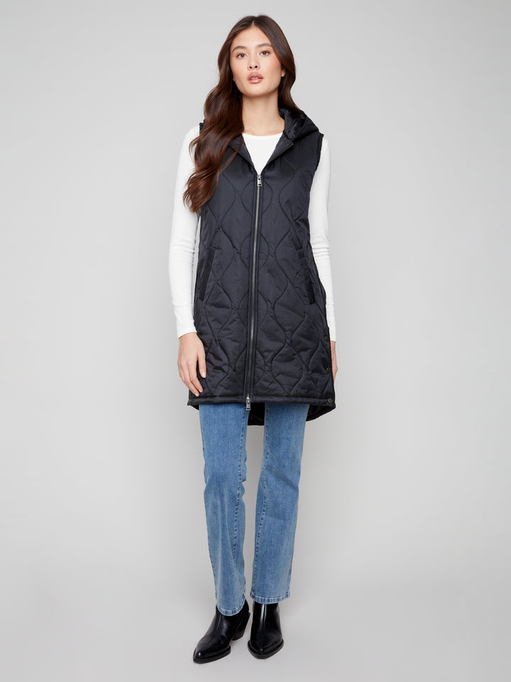Black Pearlized Puffer Long Vest