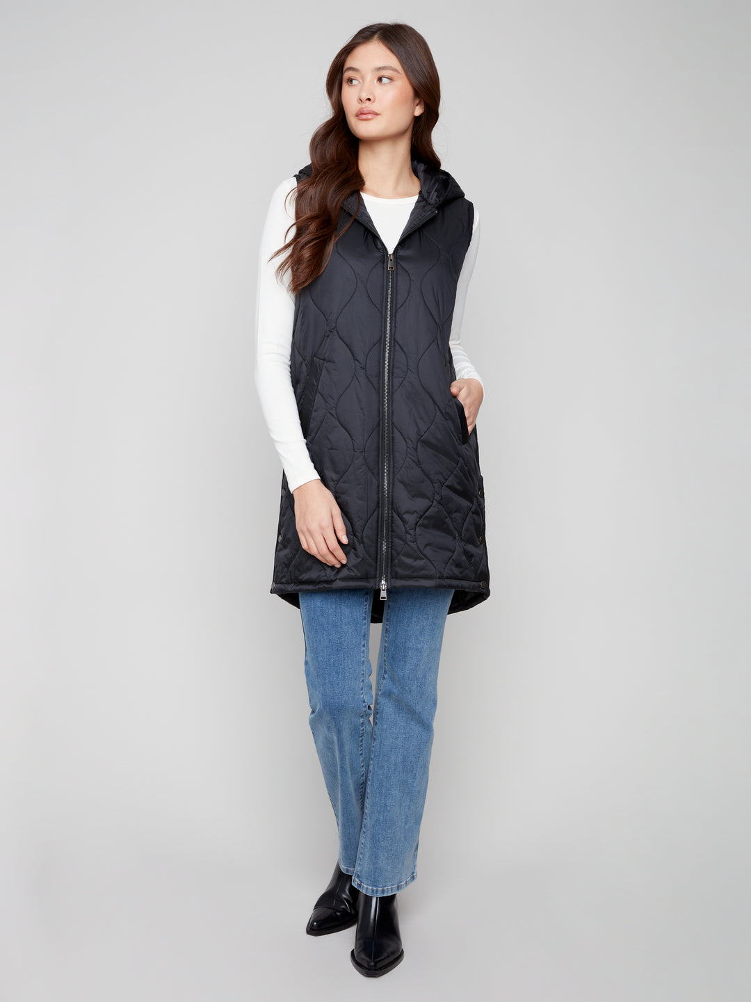 Black Pearlized Puffer Long Vest