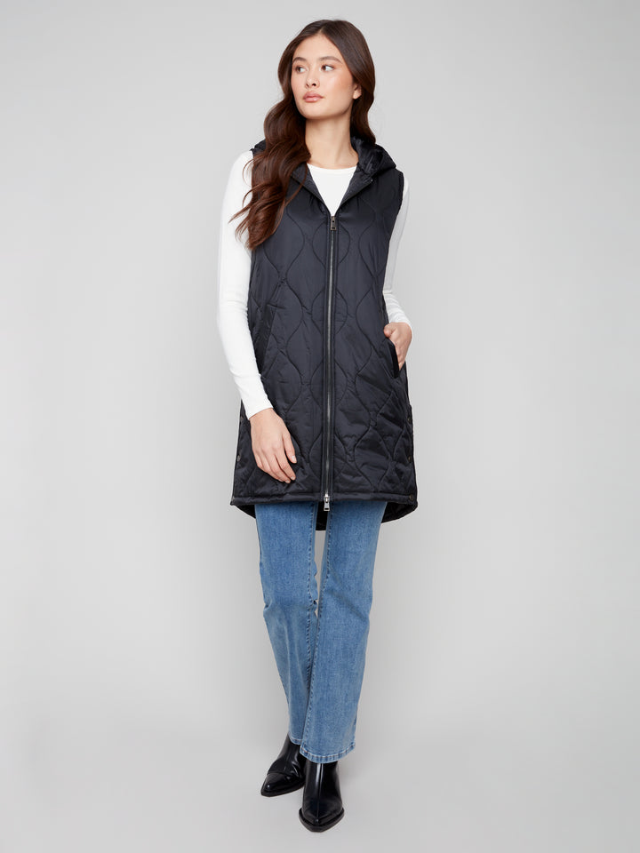 Black Pearlized Puffer Long Vest