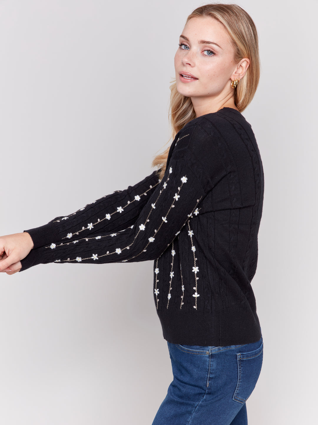 Black Petite Flower Plushy Sweater