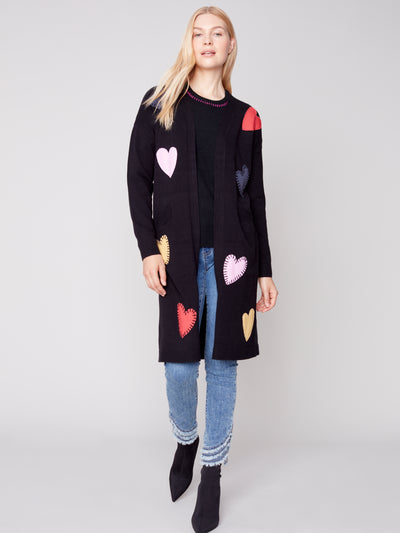 Black Plushy Knit Heart Applique Cardigan