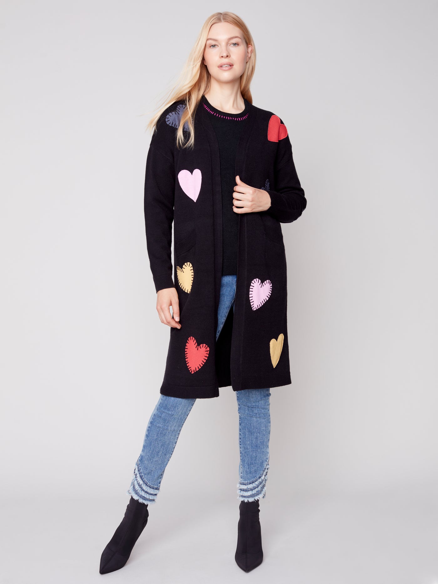 Black Plushy Knit Heart Applique Cardigan