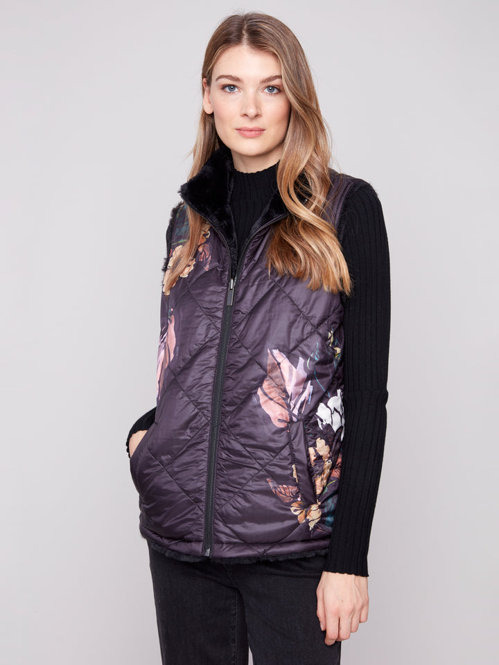Black Printed Reversible Quilted Faux Fur Vest