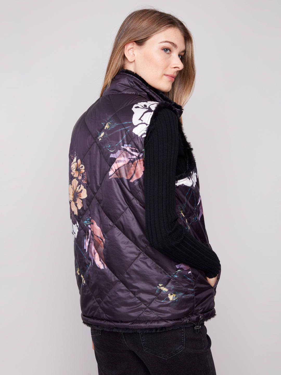Black Printed Reversible Quilted Faux Fur Vest
