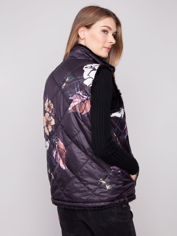 Black Printed Reversible Quilted Faux Fur Vest
