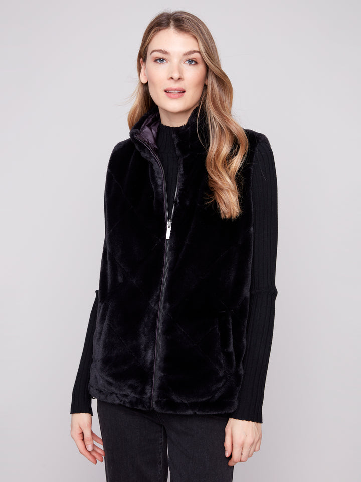 Black Printed Reversible Quilted Faux Fur Vest