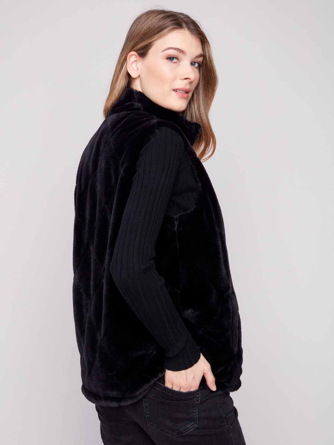 Black Printed Reversible Quilted Faux Fur Vest