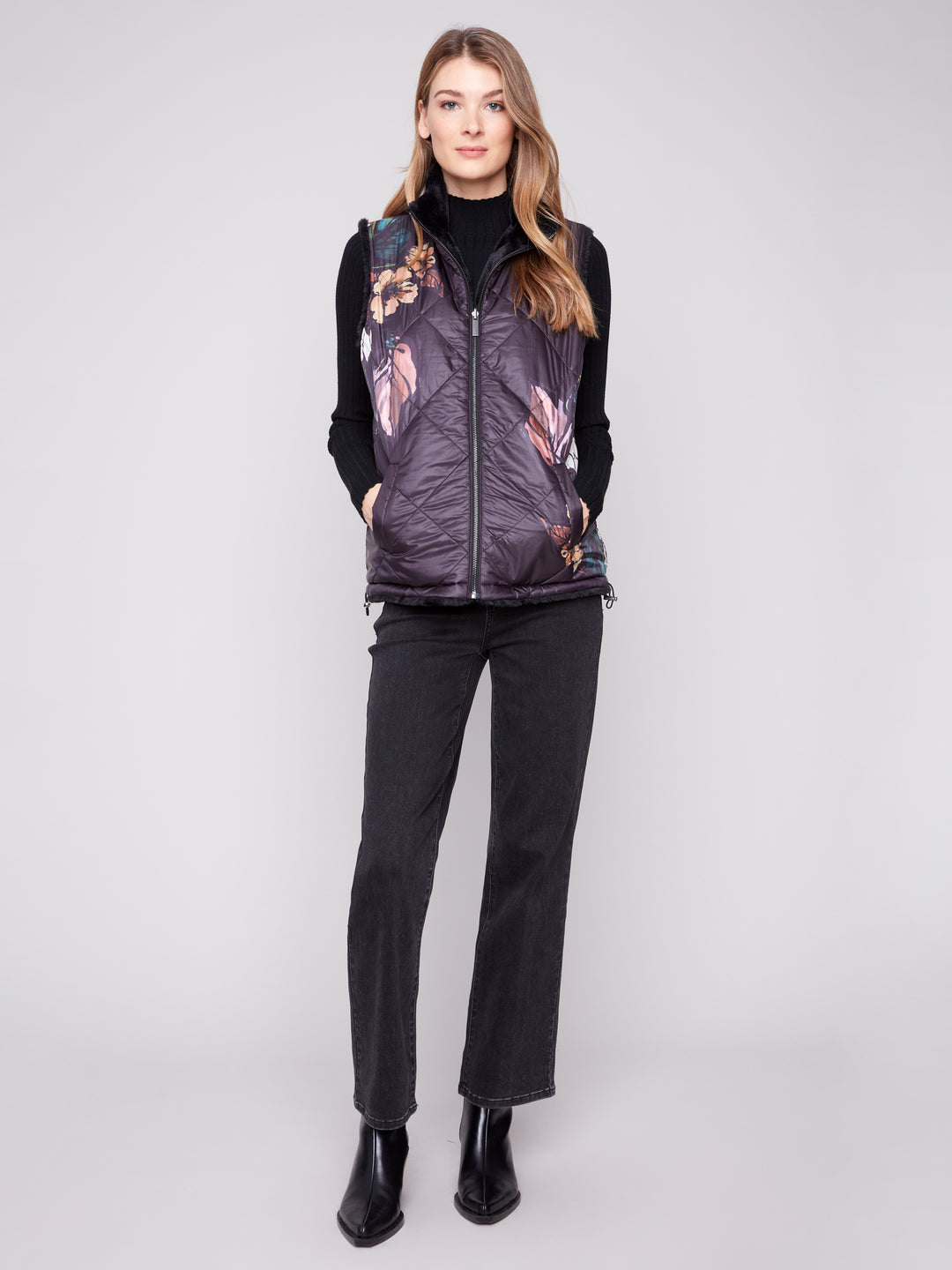 Black Printed Reversible Quilted Faux Fur Vest