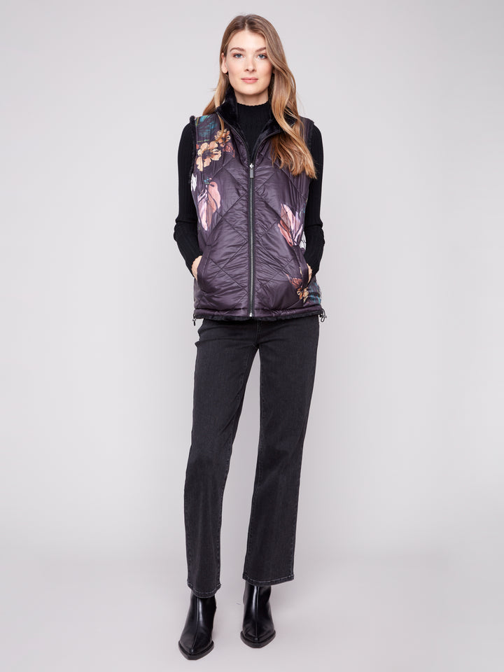 Black Printed Reversible Quilted Faux Fur Vest