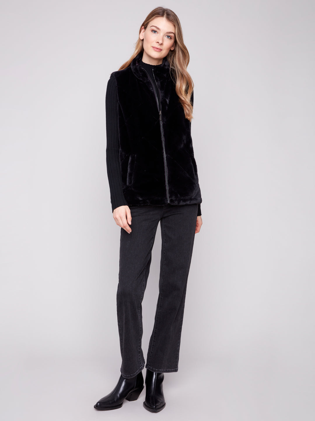 Black Printed Reversible Quilted Faux Fur Vest