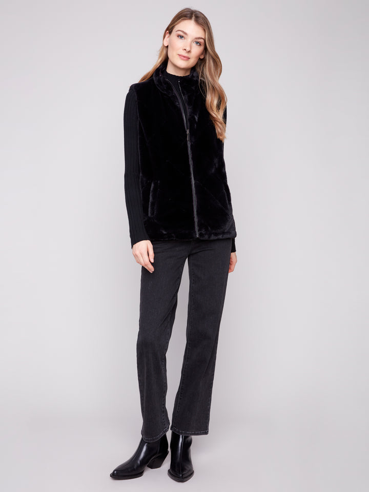 Black Printed Reversible Quilted Faux Fur Vest