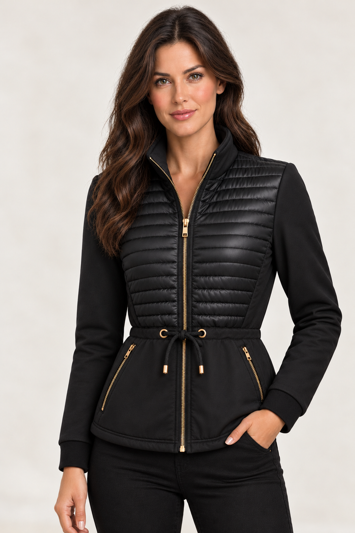 Black Quilted Gold Zip Drawstring Jacket