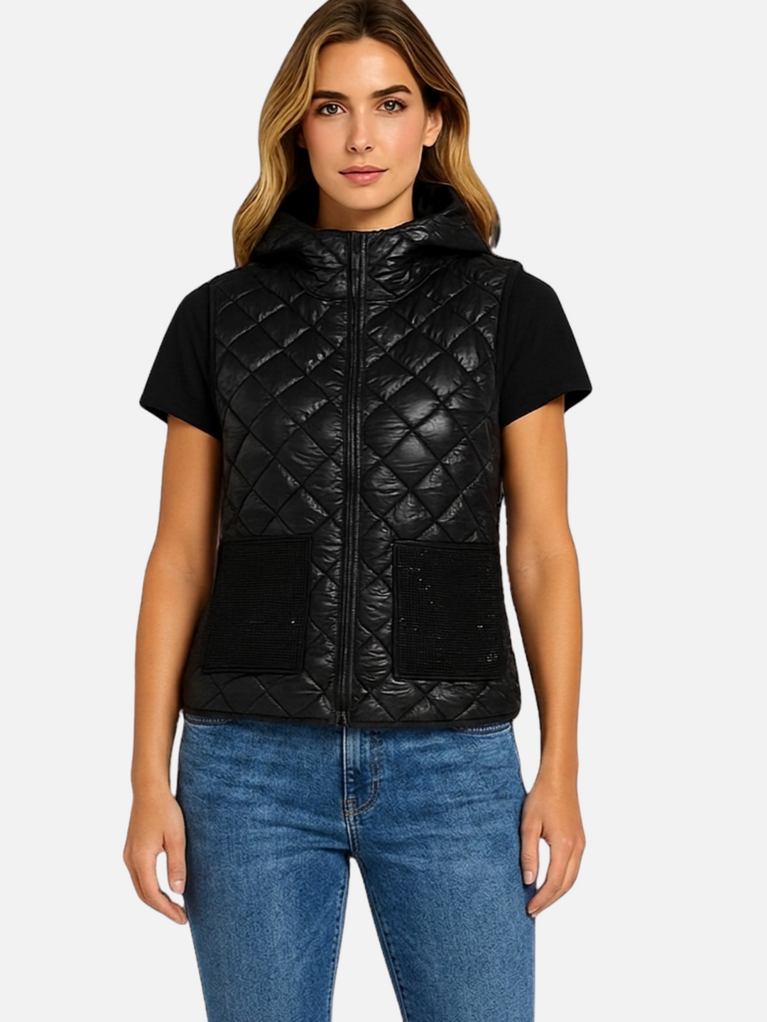 Black Quilted Vest With Hood