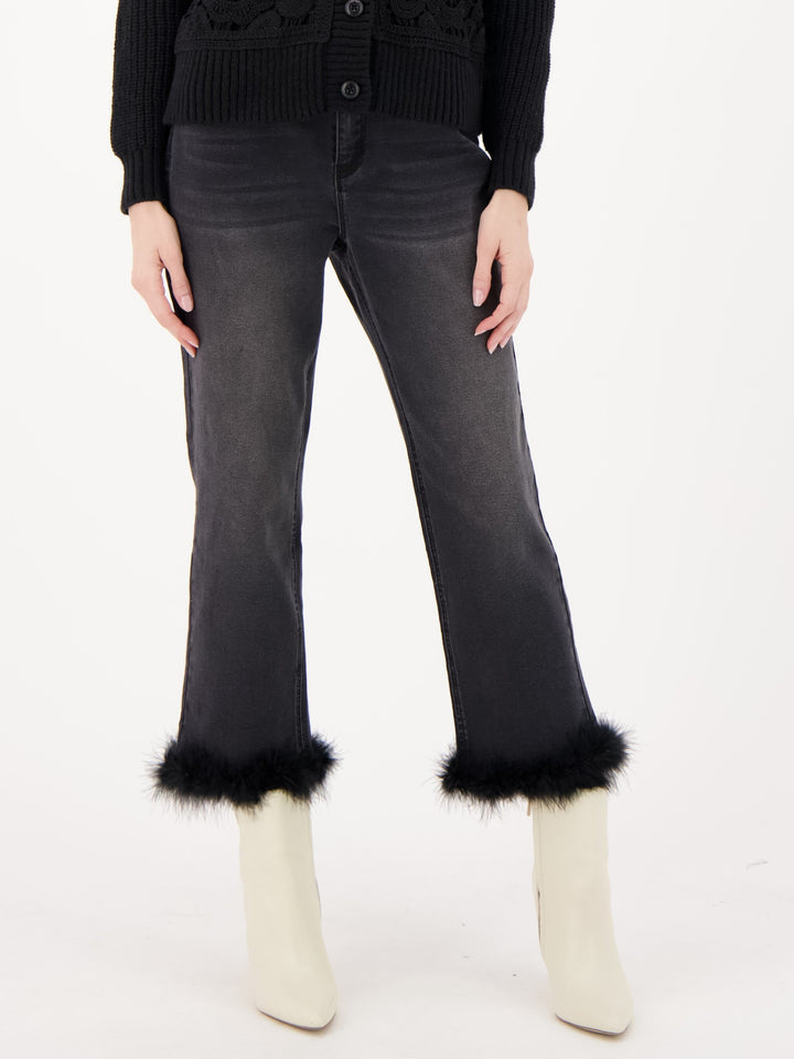 Black Removeable Faux Fur Hem Jean
