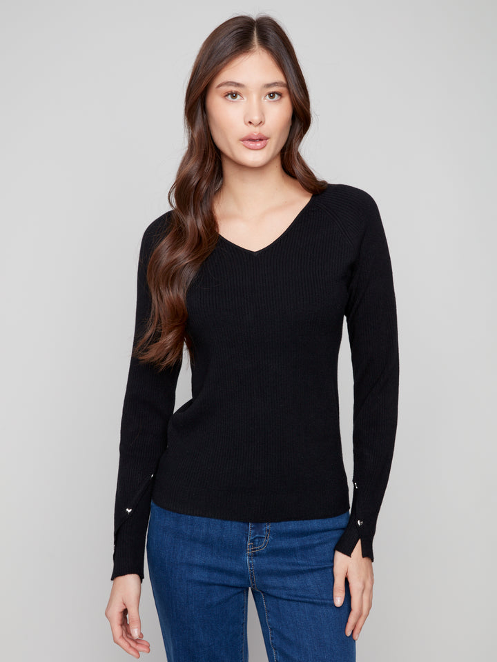 Black Ribbed V-Neck Sweater