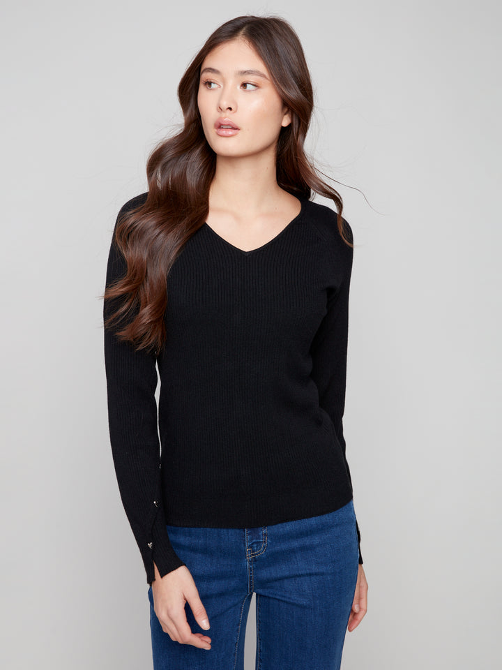 Black Ribbed V-Neck Sweater