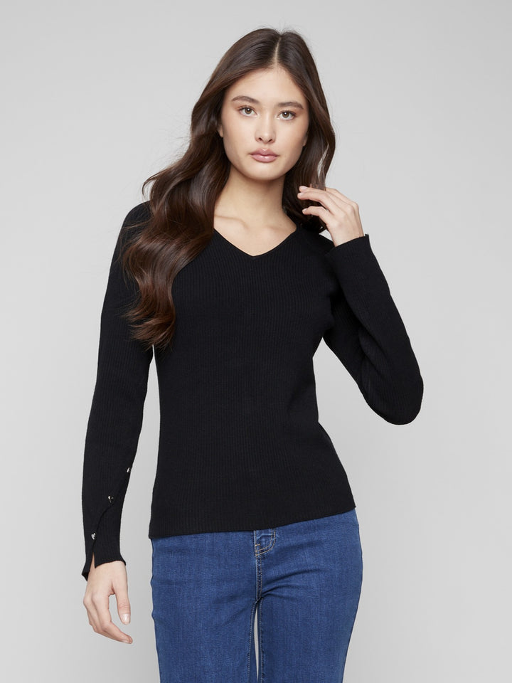 Black Ribbed V-Neck Sweater
