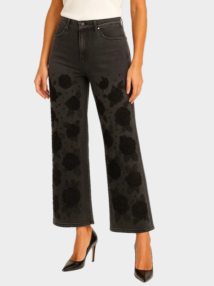Black Rose Embroidered Wide Leg Jean