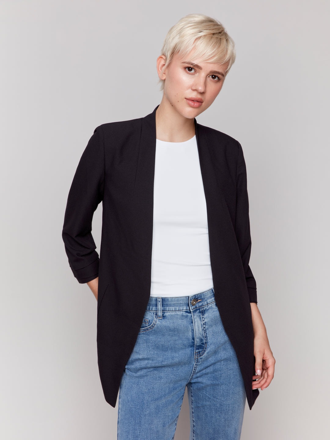 Black Ruched Sleeve Crepe Jacket