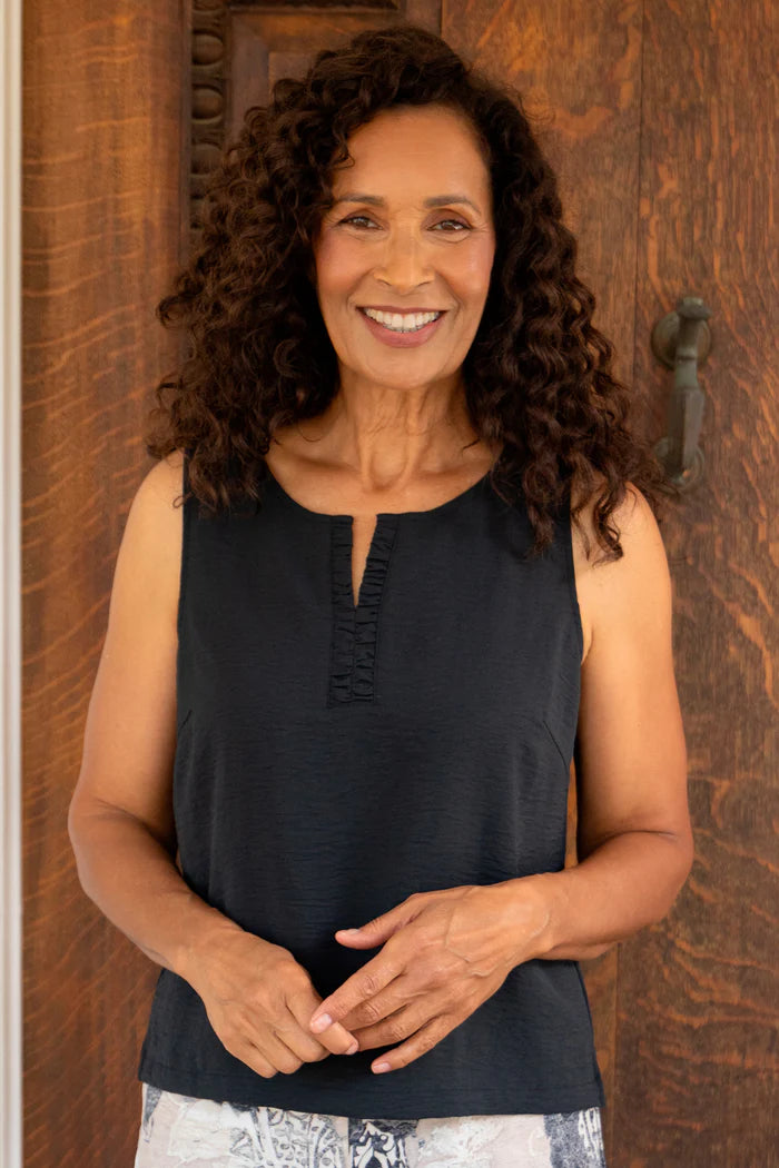 Black Ruched Split Neck Detail Top