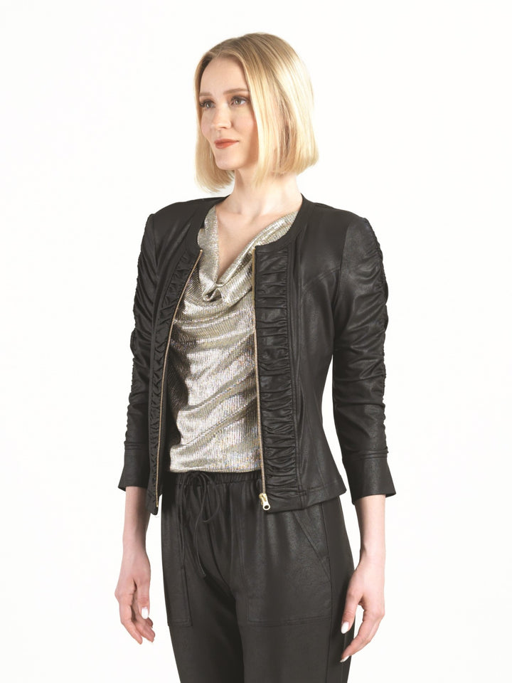 Black Ruched Liquid Leather Zip Jacket