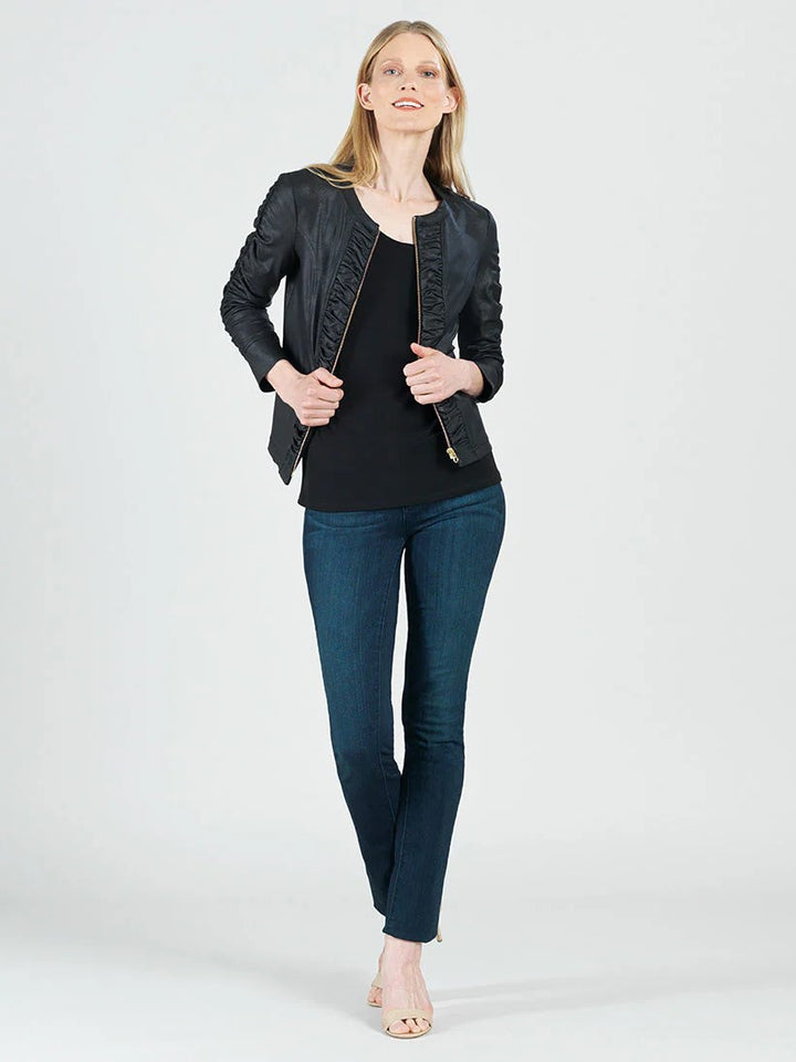 Black Ruched Liquid Leather Zip Jacket