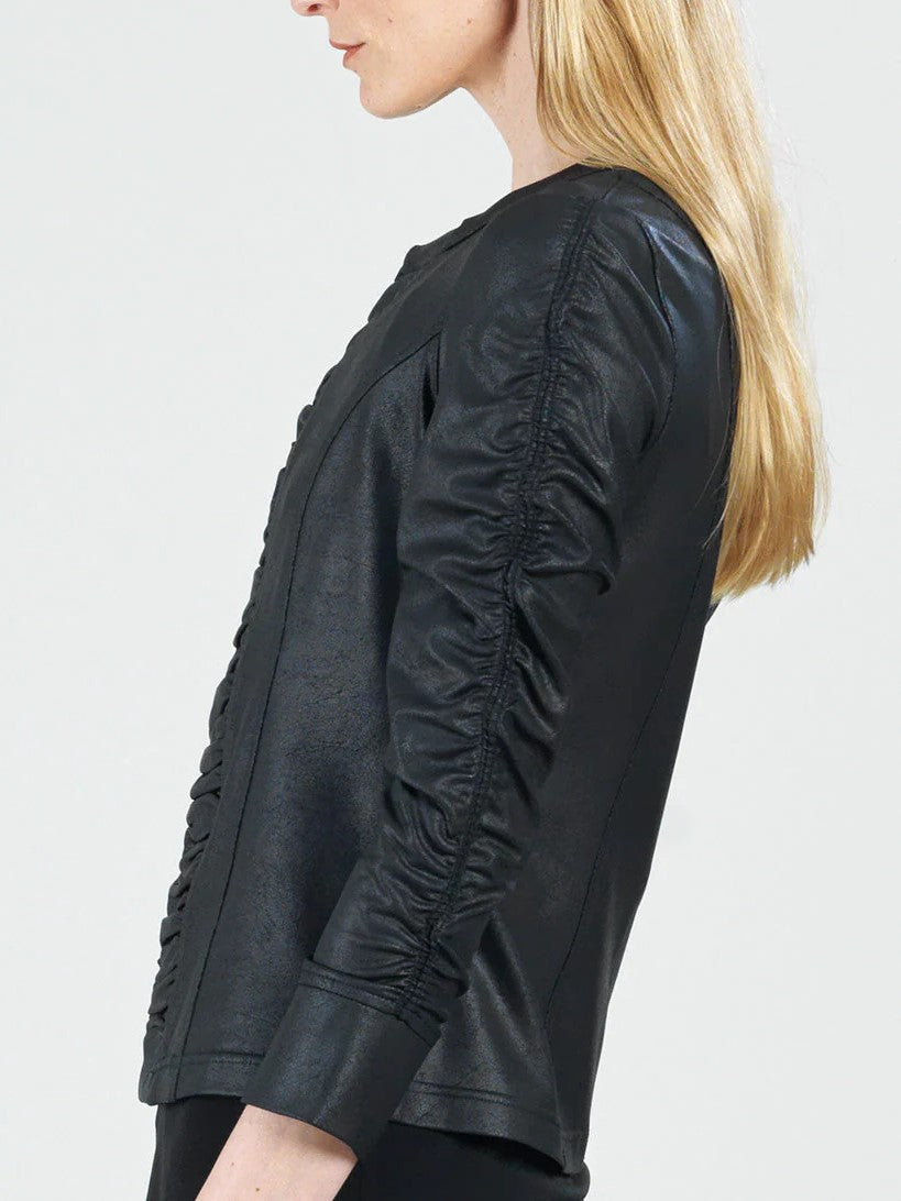 Black Ruched Liquid Leather Zip Jacket