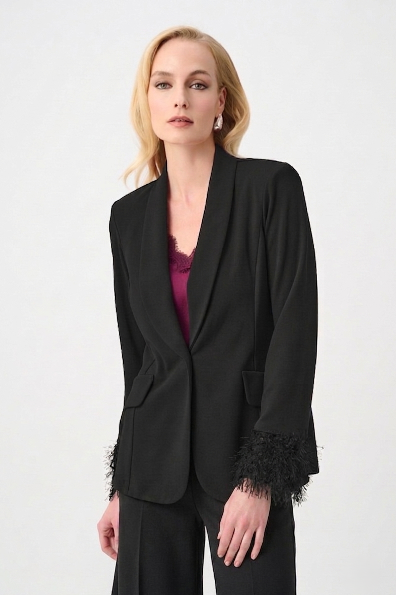 Black Scuba Crepe Fitted Blazer with Fringe Sleeves