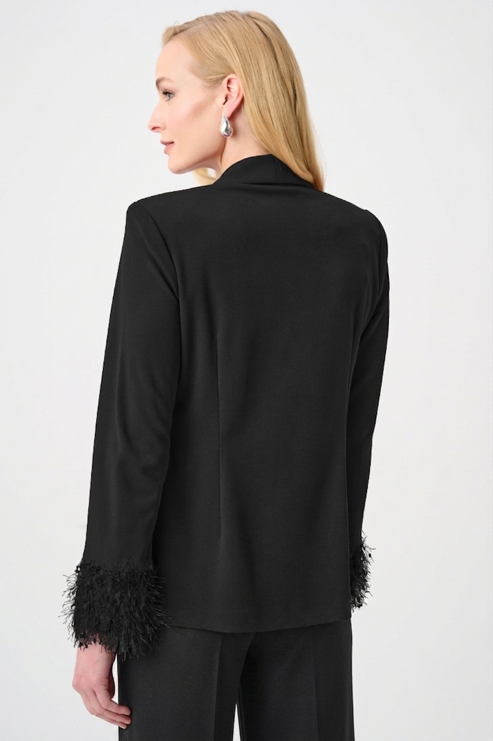 Black Scuba Crepe Fitted Blazer with Fringe Sleeves