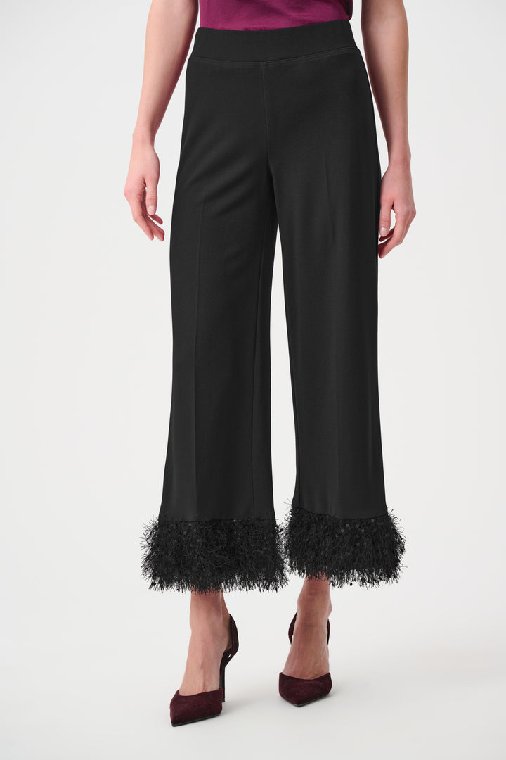 Black Scuba Crepe Wide-Leg Pants with Fringe