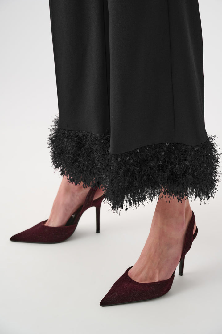 Black Scuba Crepe Wide-Leg Pants with Fringe