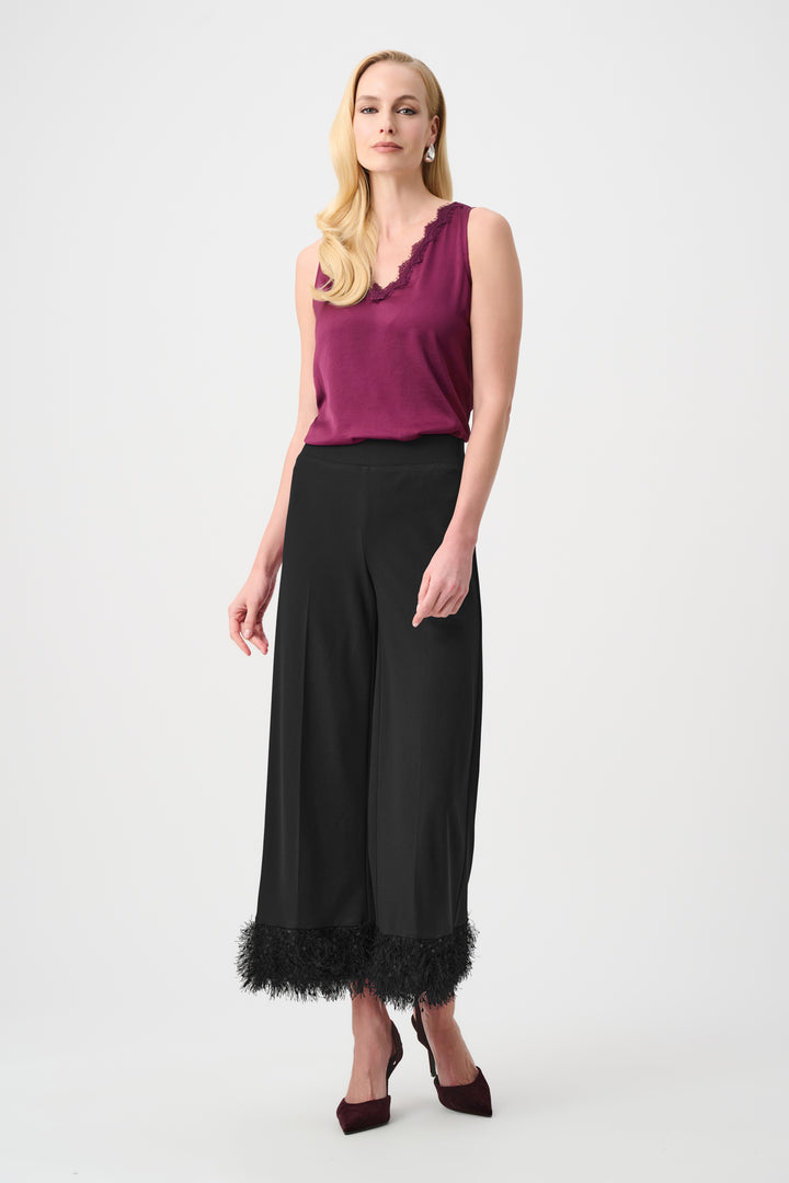 Black Scuba Crepe Wide-Leg Pants with Fringe