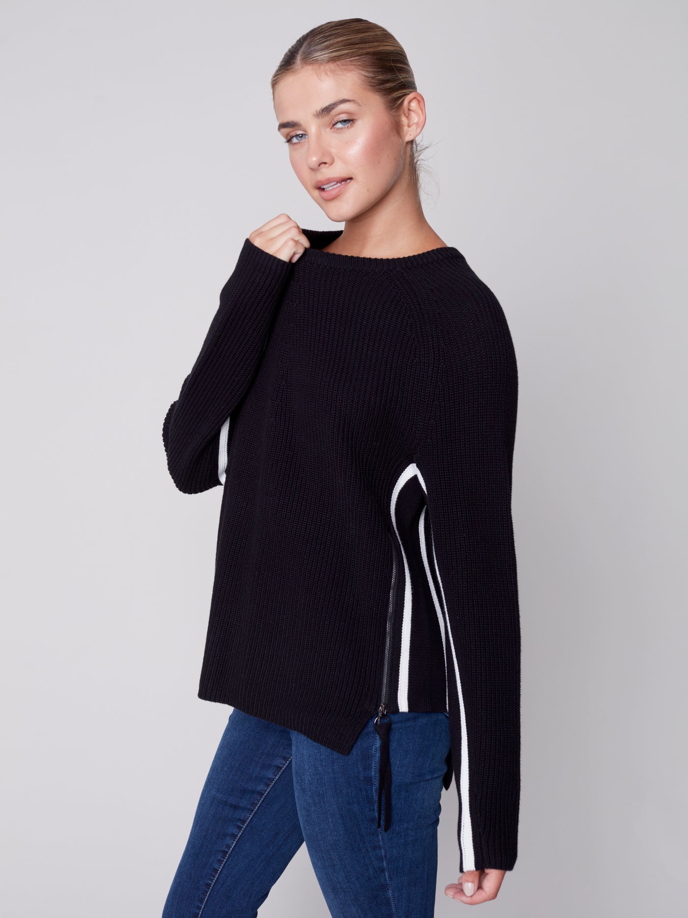 Black Side Panel Zip Detail Sweater
