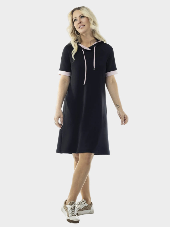 Black Silky Modal Hooded Dress With Blush Trim