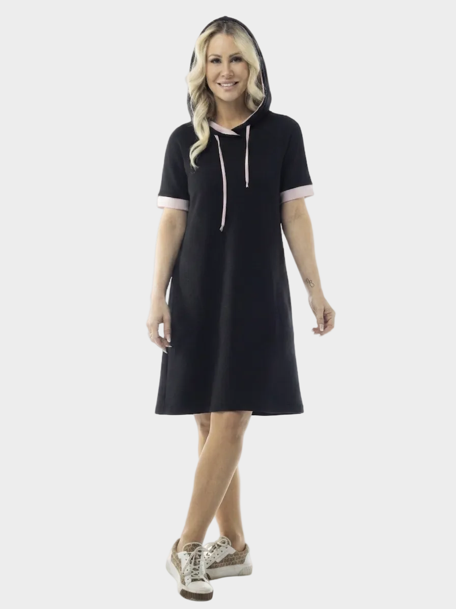 Black Silky Modal Hooded Dress With Blush Trim