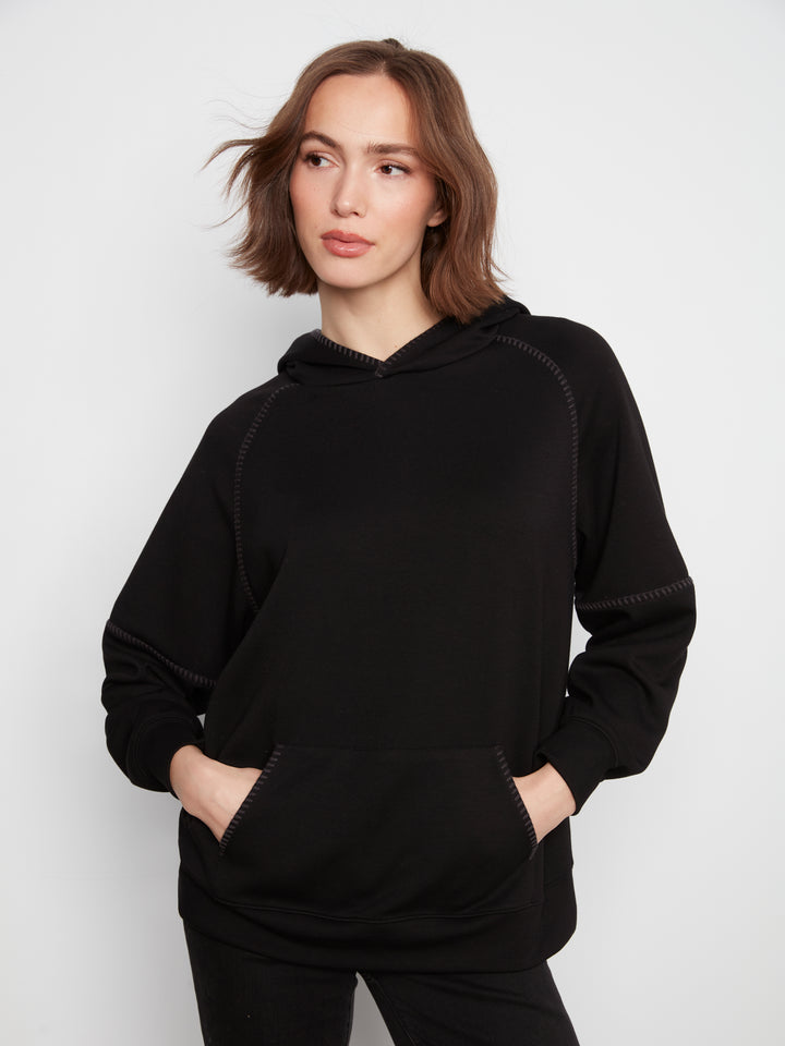 Black Soft Scuba Hoodie with Blanket Stitch Detail