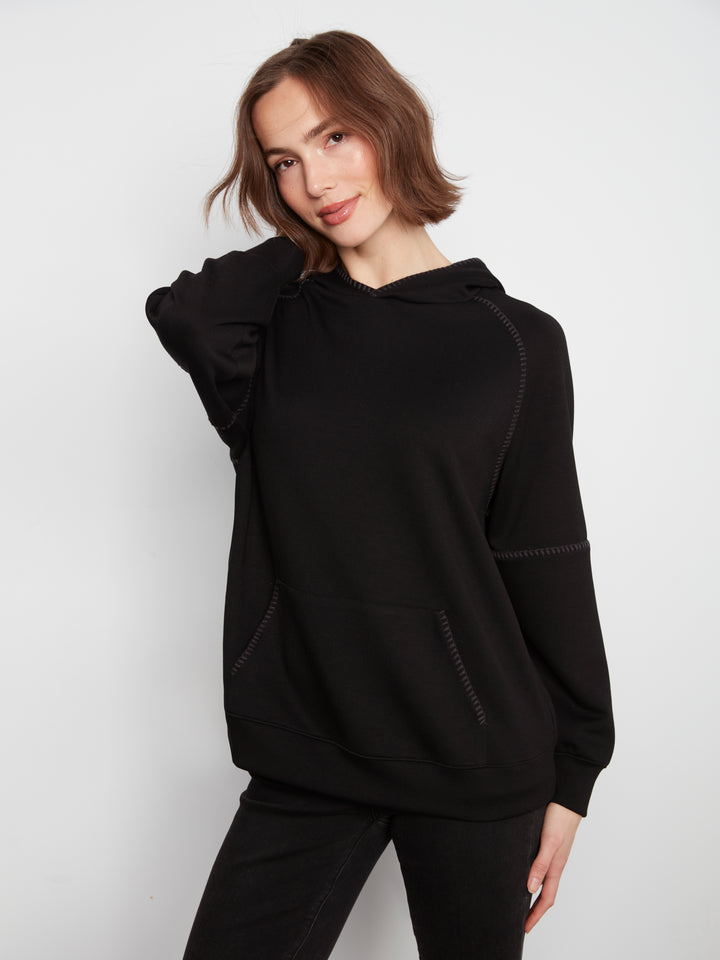 Black Soft Scuba Hoodie with Blanket Stitch Detail