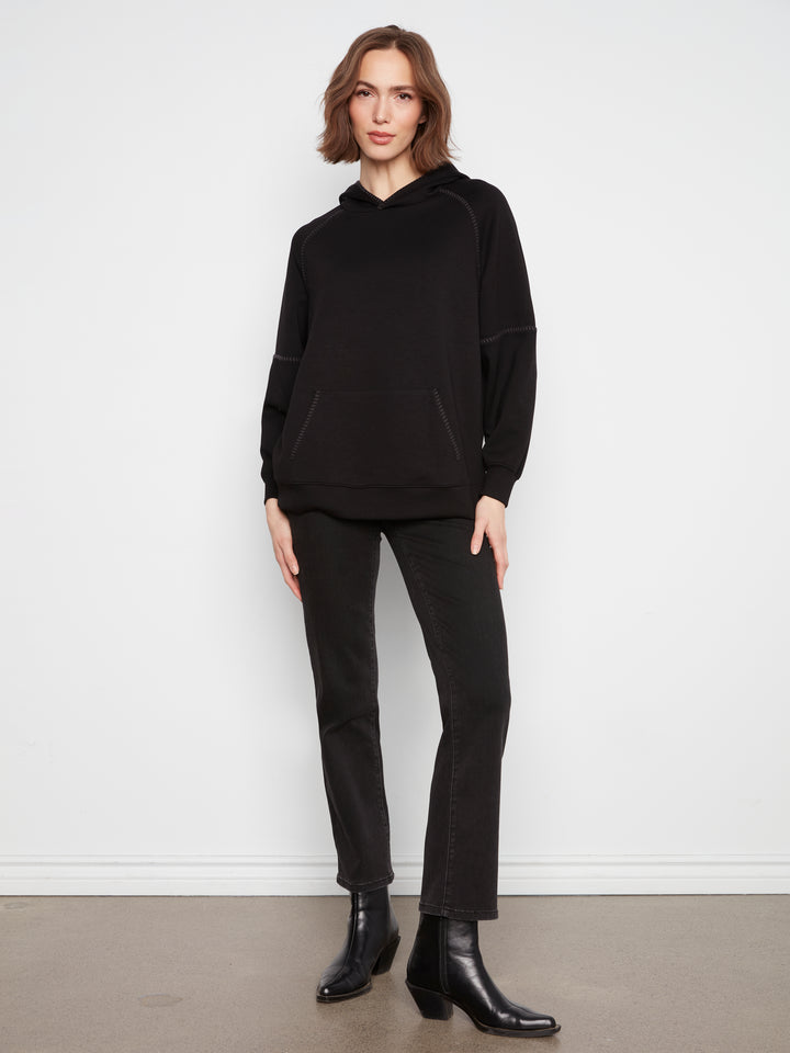 Black Soft Scuba Hoodie with Blanket Stitch Detail