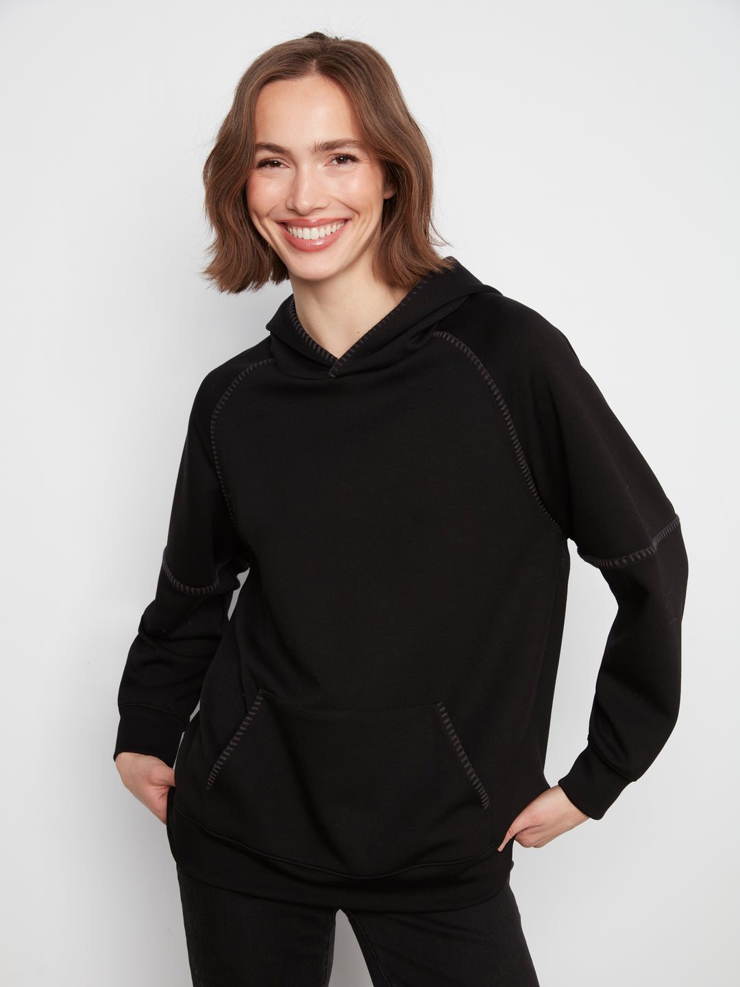 Black Soft Scuba Hoodie with Blanket Stitch Detail