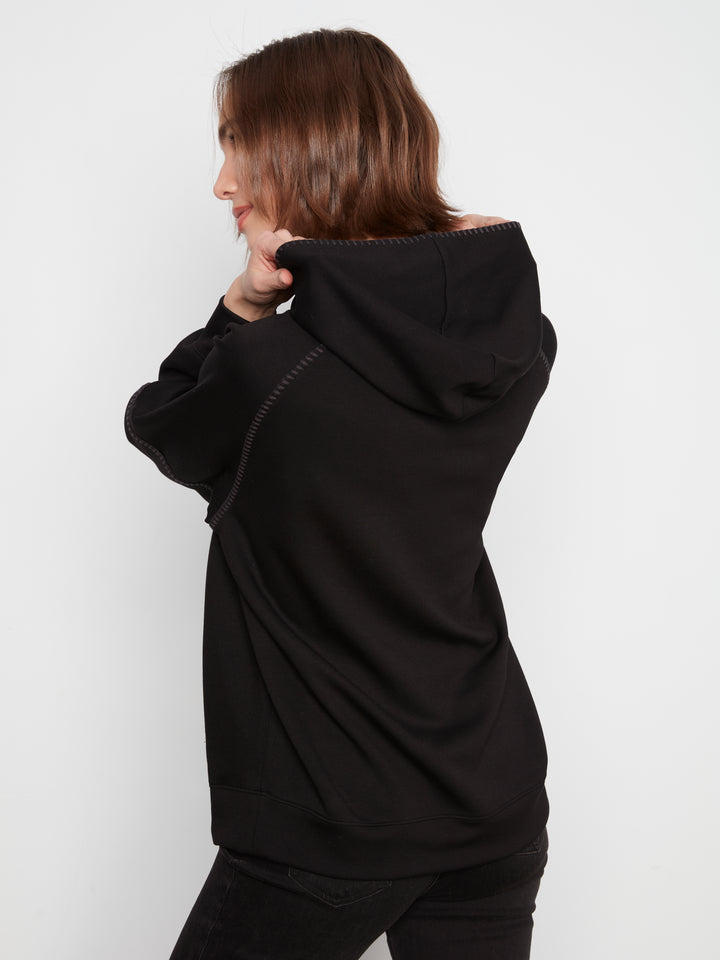 Black Soft Scuba Hoodie with Blanket Stitch Detail
