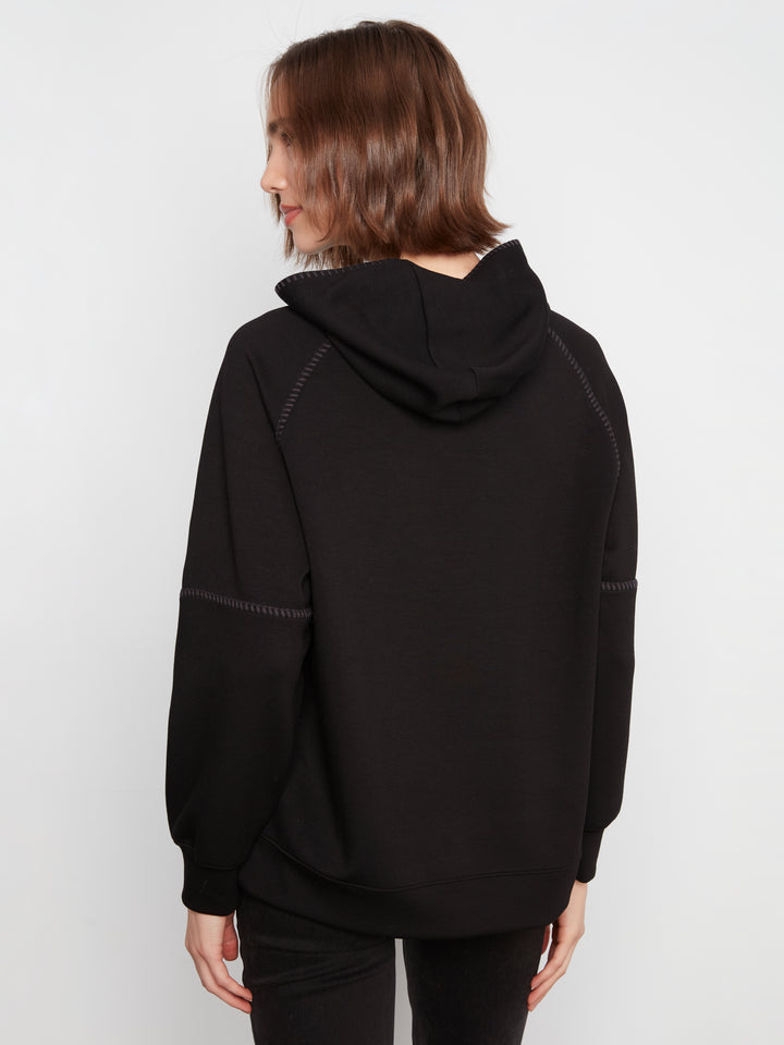 Black Soft Scuba Hoodie with Blanket Stitch Detail