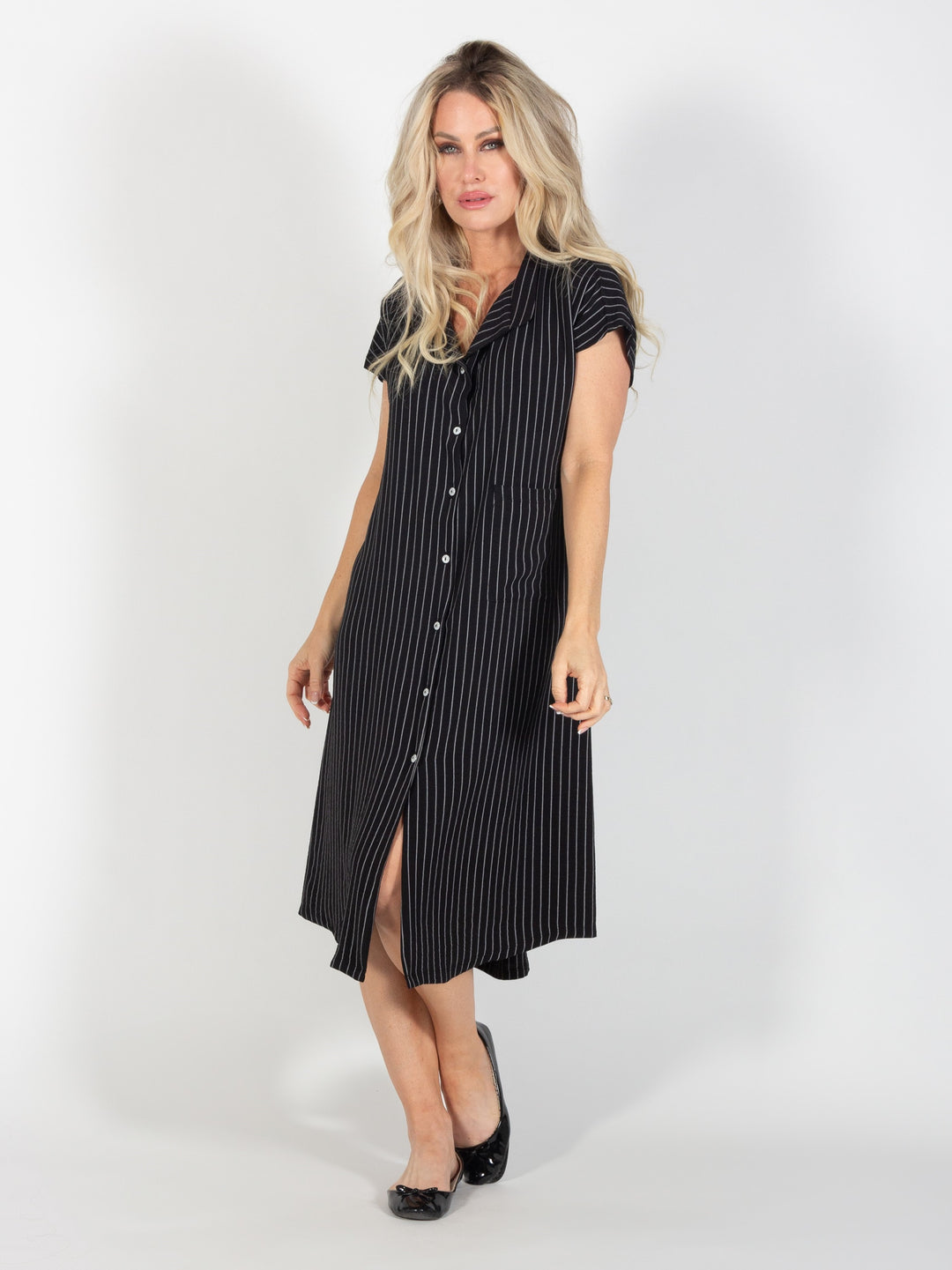 Black Striped Airflow Button Front Duster Dress