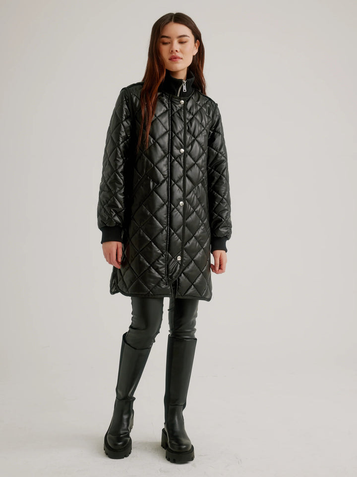 Black Vegan Leather Diamond Quilted Coat