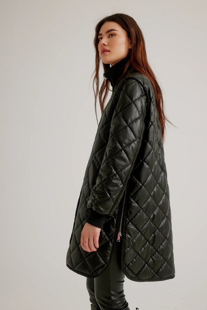 Black Vegan Leather Diamond Quilted Coat