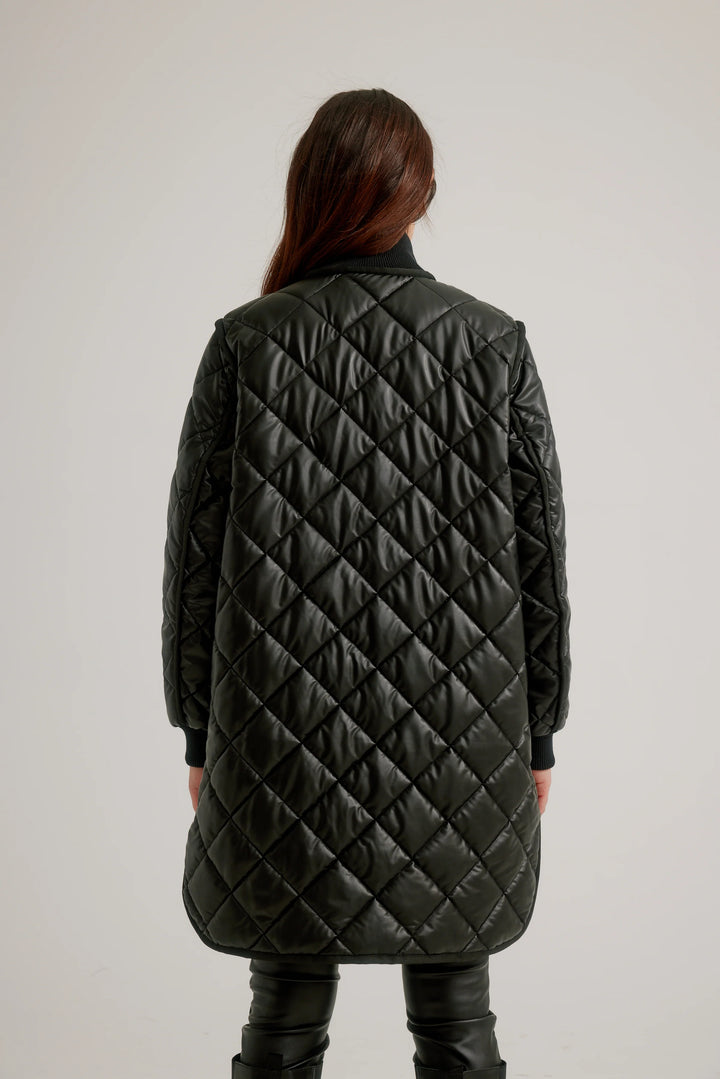 Black Vegan Leather Diamond Quilted Coat